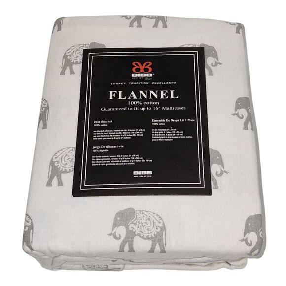 BIBB Home Twin Size Ivory Cotton Flannel Sheet Set of 3pc With Gray Elephants - Picture 1 of 16